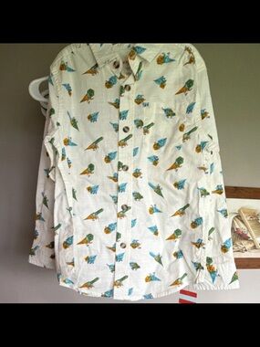 Cat & Jack White Button-Down Shirt with Blue, Green & Yellow Bird Print